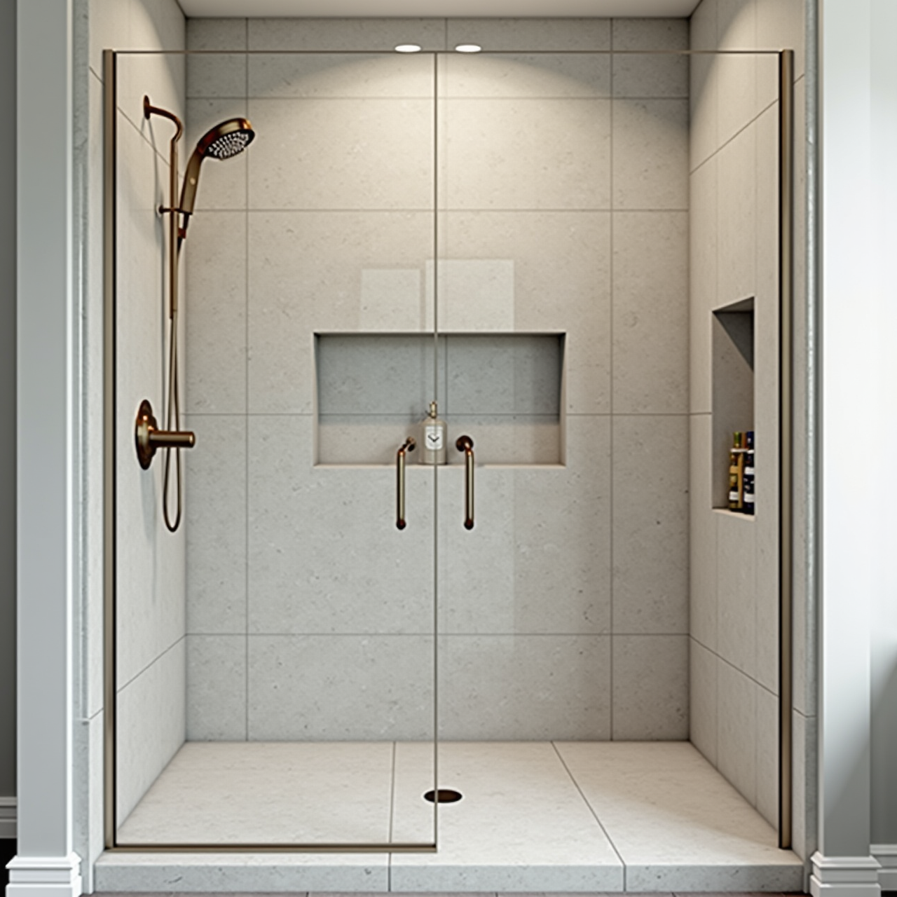 A custom tiled walk-in shower with frameless glass